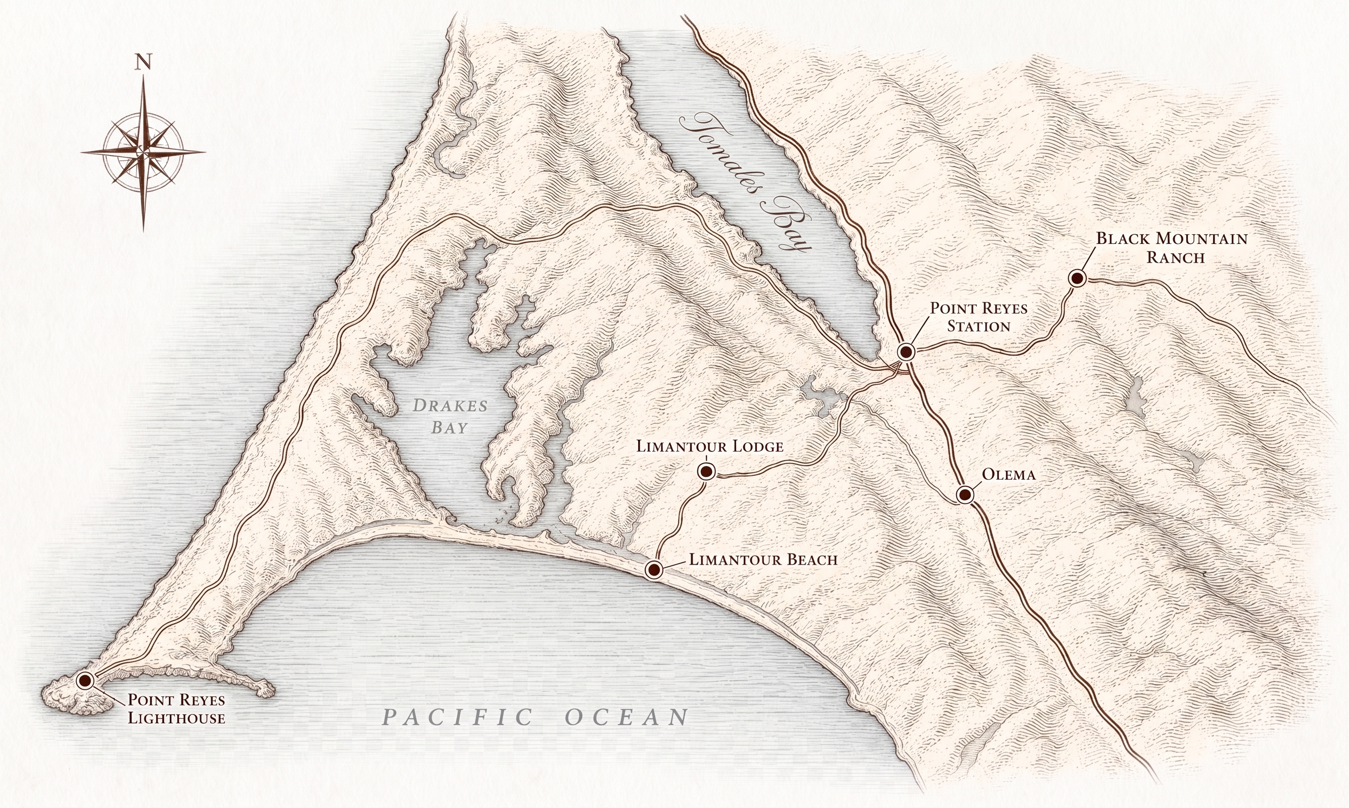 Hand-drawn map of Point Reyes peninsula, with the Lighthouse, Limantour Beach and Lodge, Point Reyes Station, Olema, and Black Mountain Ranch marked, and Tomales Bay running along the eastern shore.